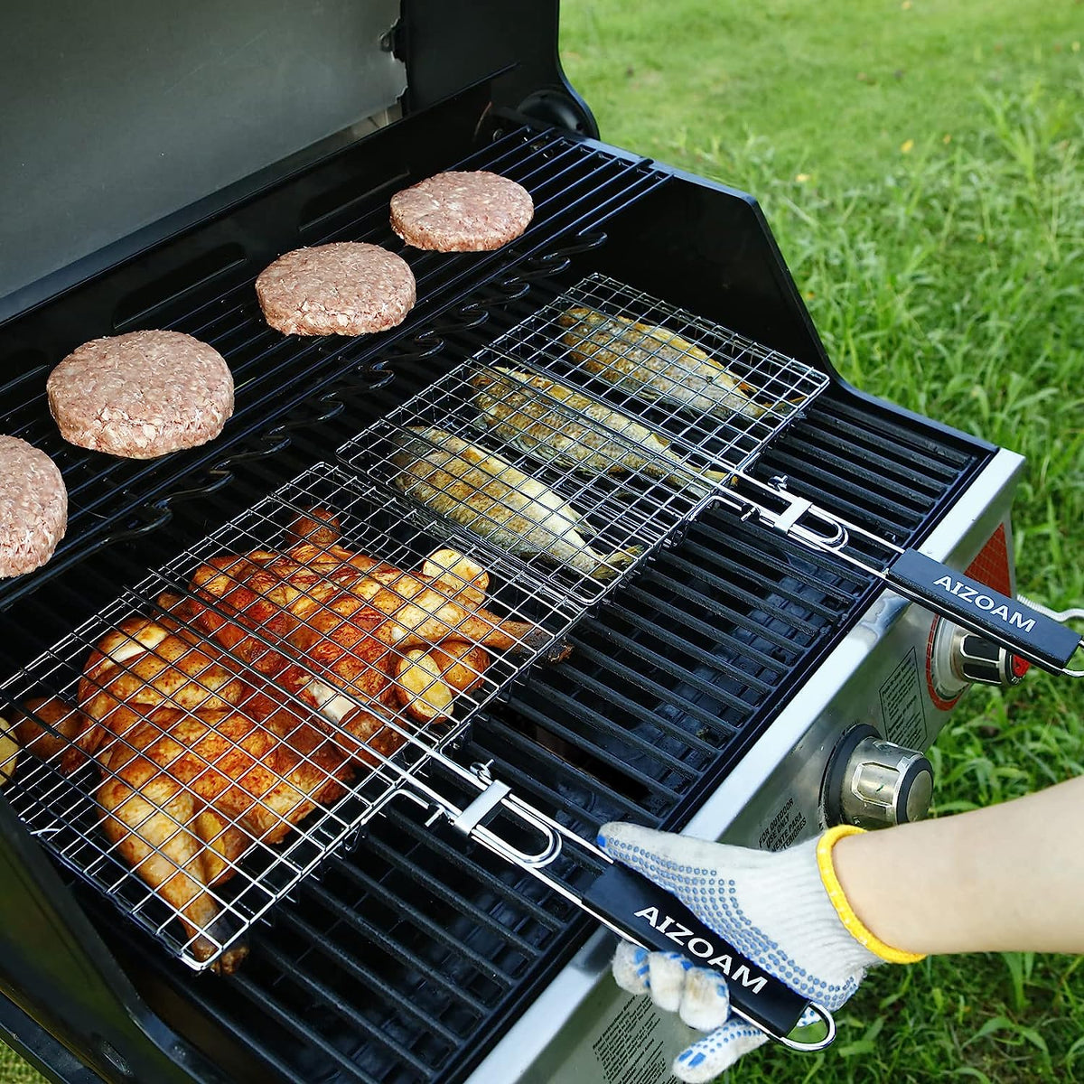 bbq accessories fish Grill Basket, Heavy Duty Stainless Steel Grilling Basket with Removable Wooden Handle & Bonus Basting Brush, for Outdoor Camping Picnic, Cook Whole Fish, Seafood, Vegetables : Patio, Lawn Its ideal for grilling burgers GrillPro Non-Stick Fish Basket w/