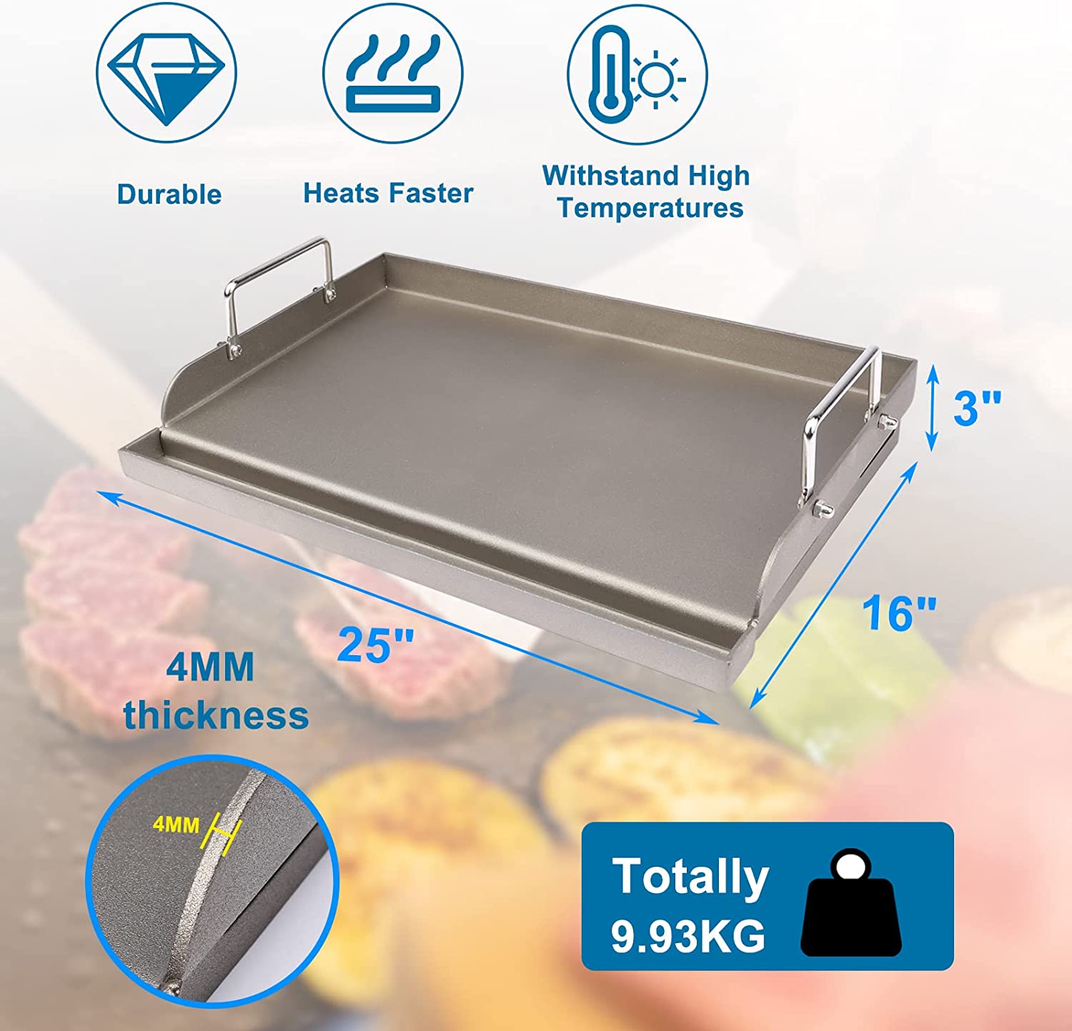 Utheer Universal Fry Griddle Flat Top Plate, 25 x16 Universal Griddle  Flat Top Rectangular Plate with Removable Handles for Charcoal and Gas  Grills