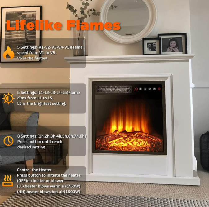 18 Inch Small Electric Fireplace Insert Heater with LED Realistic Flam ...