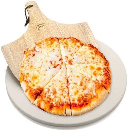 15 Inch Diameter Circular Pizza Stone for Oven Baking & BBQ Grilling With Free Wooden Peel, Durable Cordierite Cooking & Baking Stone