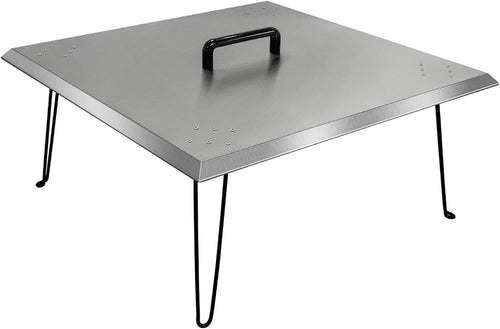 30'' Square Fire Pit Heat Deflector Burner Lid Cover to Push Heat Down and Out with Carrying Handle and Foldable Legs to Warm Friends and Family