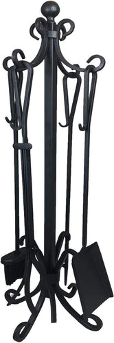 5 Piece Fireplace Toolset - Tong, Shovel, Base, Poker and Brush, Sturdy well balanced Stand to hold all Tools and Accessories