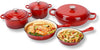 Enameled Cast Iron Cookware Set, 8 Piece of Casserole, Dutch Ovens, Skillet and 3 Lids, Gas/Induction Compatible, PFA Free, with Pan Rack, Rouge Red