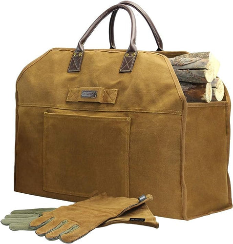 Waxed Canvas Rust Firewood Log Carrier Tote Large Fire Wood Bag Durable Fireplace Wood Stove Accessories with Leather Gloves