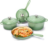 Enameled Cast Iron Cookware Set, 7 Piece Set of Dutch Ovens, Sauce Pan, Skillet, 3 Lids, Dutch Oven Set, Gas/Induction Compatible, PFA Free, Green