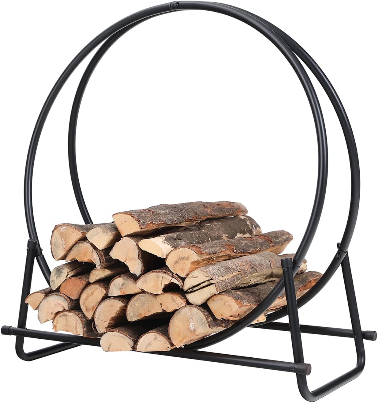 Phi Villa 30 Inch Log Hoop Firewood Rack Fireplace Wood Storage Holder, Indoor/Outdoor Heavy Duty Iron- Black