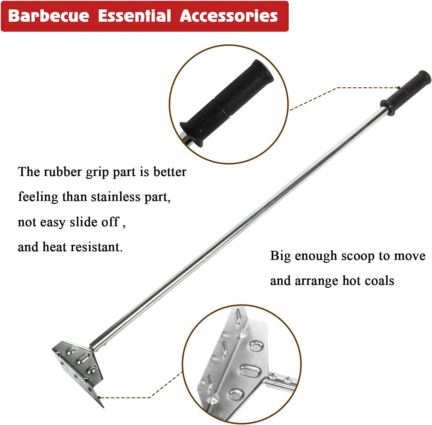 32 Inch Charcoal Grill Rake Ash Tool Accessories with Rubber Handle Ch ...