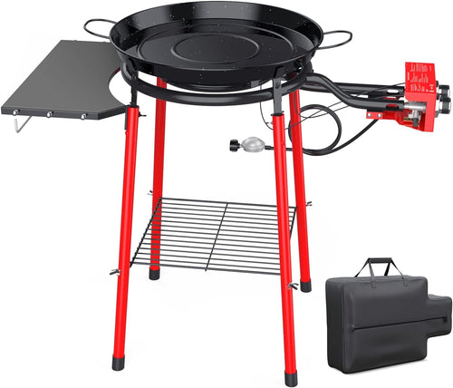 22 Inch Tabarca Paella Pan Set with Burner, and Side Shelf, 4 Reinforced Legs with Bottom Shelf, Regulator Hose and Igniter Kit