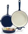 3Pcs Navy Enameled Cast Iron Frying Pan Skillets Kit, Nonstick Nontoxic Fry Pan Cookware Set, PFAS & PTFE & PFOA Free