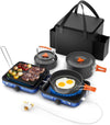 Portable 2 Burner Camping Stove Set, 20,000 BTU/h, with Folding Gas Stove, Frying Pan, Griddle, Kettle, Pot, and Carry Bag, For Propane & Butane Navy
