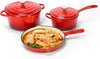 Enameled Cast Iron Cookware Set, 5 Piece Set of Dutch Oven, Sauce Pan, Skillet, 2 Lids, Dutch Oven Set, Gas/Induction Compatible, PFA Free, Rouge Red