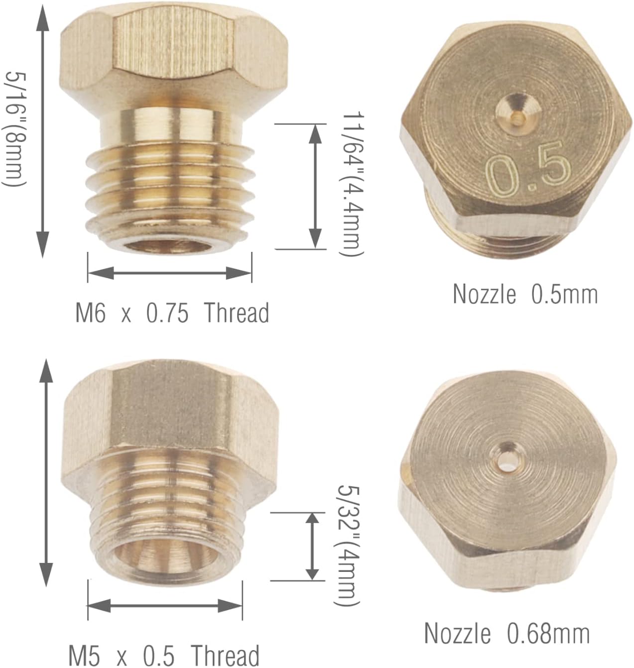 20Pcs Brass Jet Nozzles, 0.5mm and 0.68mm Nozzle Hole, Propane LPG Nat ...