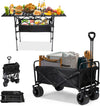 Foldable Wagon Cart with Wheels and Table, Collapsible Folding Beach Wagon Large Capacity for Sand Grocery Camping Gardening Fishing Tailgating Picnic