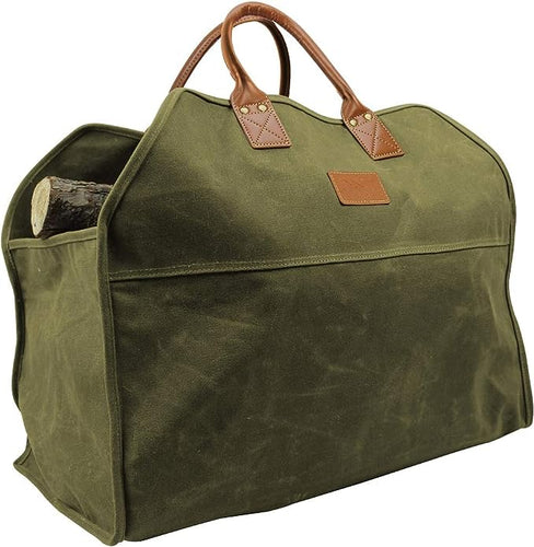 Waxed Canvas Dark Green Firewood Log Carrier Tote Large Fire Wood Bag Durable Fireplace Wood Stove Accessories Holder for Storage