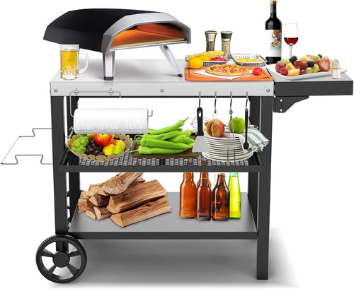 Pizza Oven Stand Table for Ninja Woodfire, Ooni, Blackstone Griddle, Three-Shelf Movable Worktable with Drawer & Side Table on Wheels