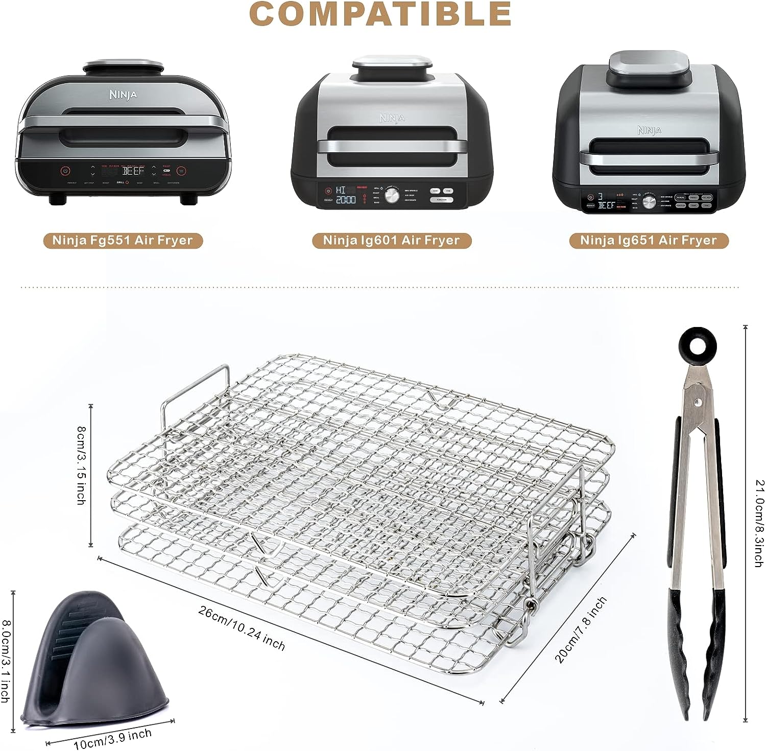 Air Fryer Rack for Double Basket Air Fryers Stainless Steel Multi-Layer Rack Grill Rack Multi-Purpose Double Layer Rack with 4 Skewers Dehydrator Rack