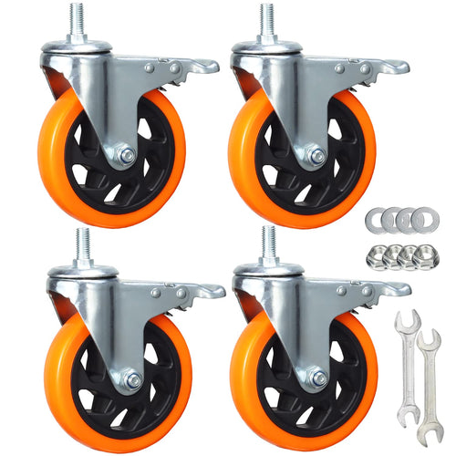 4 Pcs 5 Inch Swivel Wheels Yellow PVC Casters with Metric Stem M12-1.75 x 25mm Double Brakes Castors Safety Wheels up to 1200 Lbs/Set