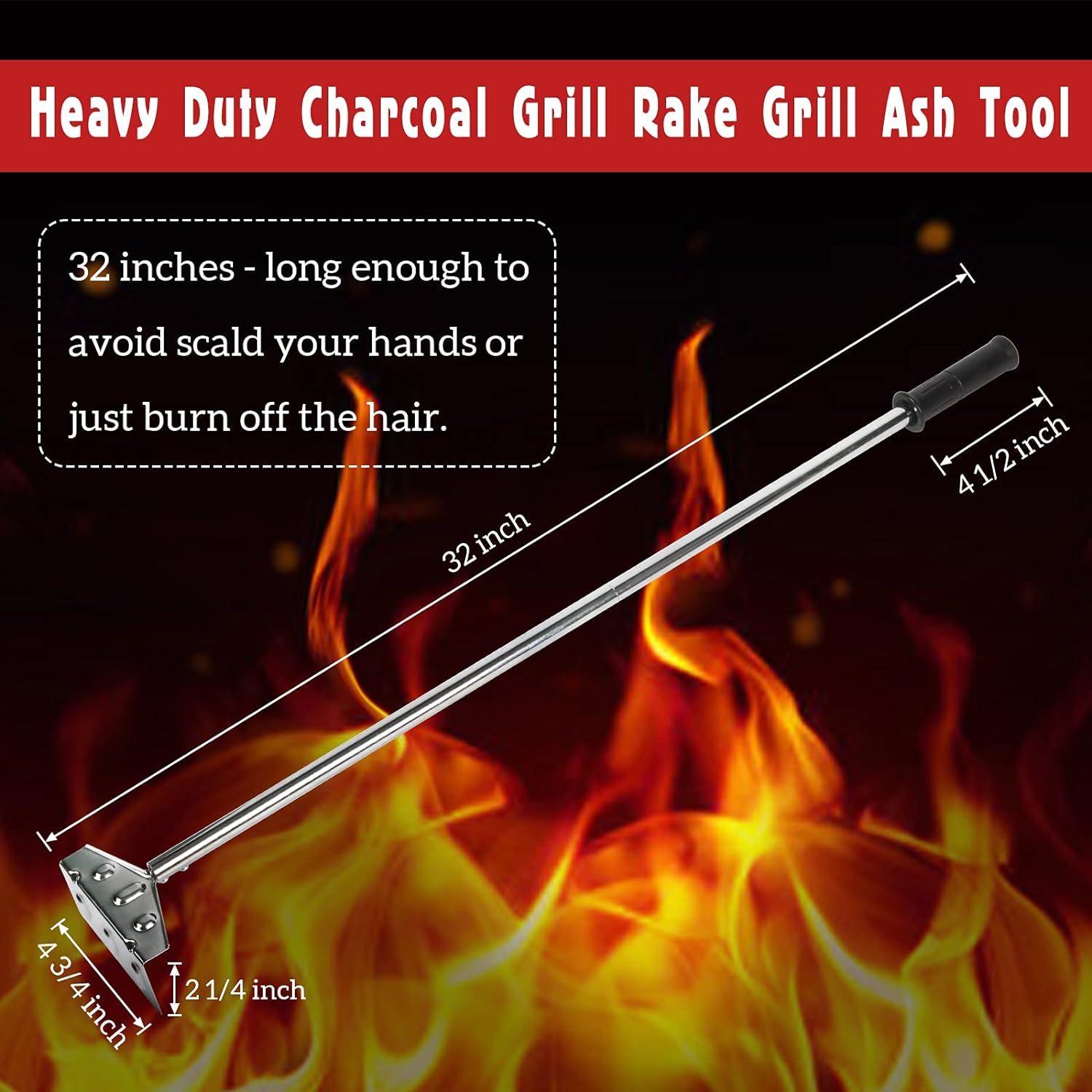 32 Inch Charcoal Grill Rake Ash Tool Accessories with Rubber Handle Ch ...