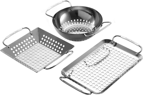 3 Pack Grill Basket, Grill Wok, Grill Pans, Grill Topper Set, BBQ Grills Smoker Accessories
