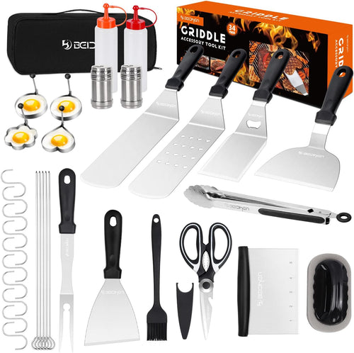 34 Pcs Griddle Accessories Kit, Flat Top Grill Tools Set for Blackstone, Camp Chef, etc, Grilling Spatula, Scraper, Carry Bag, Cleaning Accessories