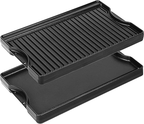 Nonstick Reversible Cast Iron Griddle 17.2" x 11.2" Ceramic Cooking Surface with High Sides & Grease Trap, for Gas Grill, Electric, Oven & Outdoor BBQ