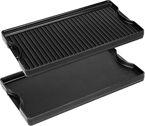 Nonstick Reversible Cast Iron Griddle 21"x 12", Ceramic Cooking Surface with High Sides & Grease Trap, for Gas Grill, Electric, Oven & Outdoor BBQ