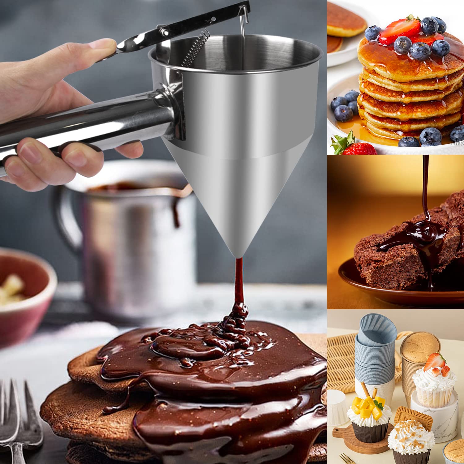 Pancake Batter Dispenser, 1200ml Funnel Cake Dispenser with Stand and Basting Brush, Batter Funnel Dispenser for Cupcakes, Waffles, or Any Baked Goods