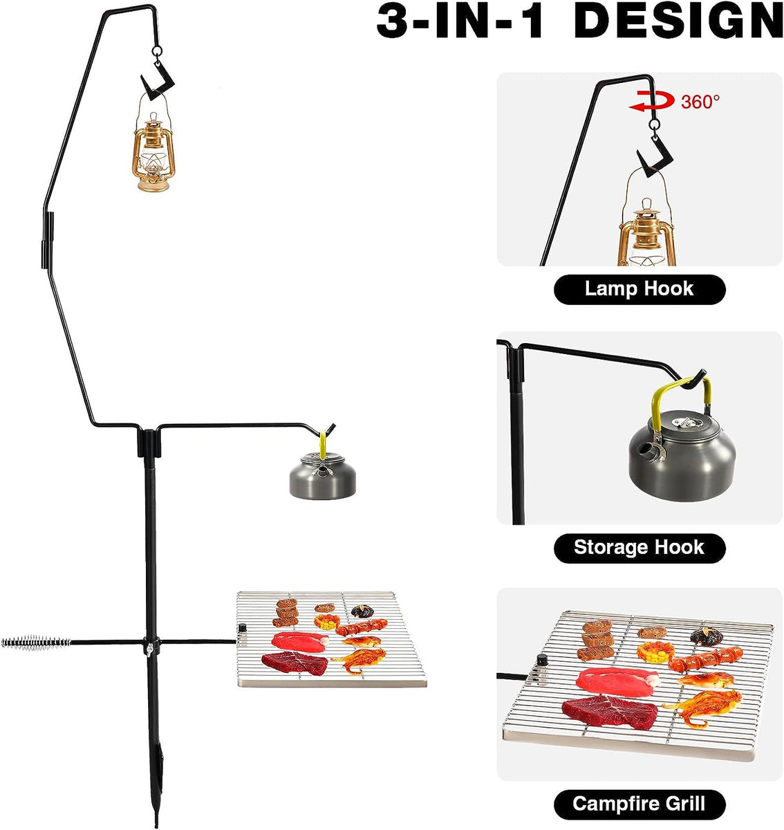 Swivel Campfire Grill Lamp Rack Set Multipurpose Heavy Duty Grate Port ...