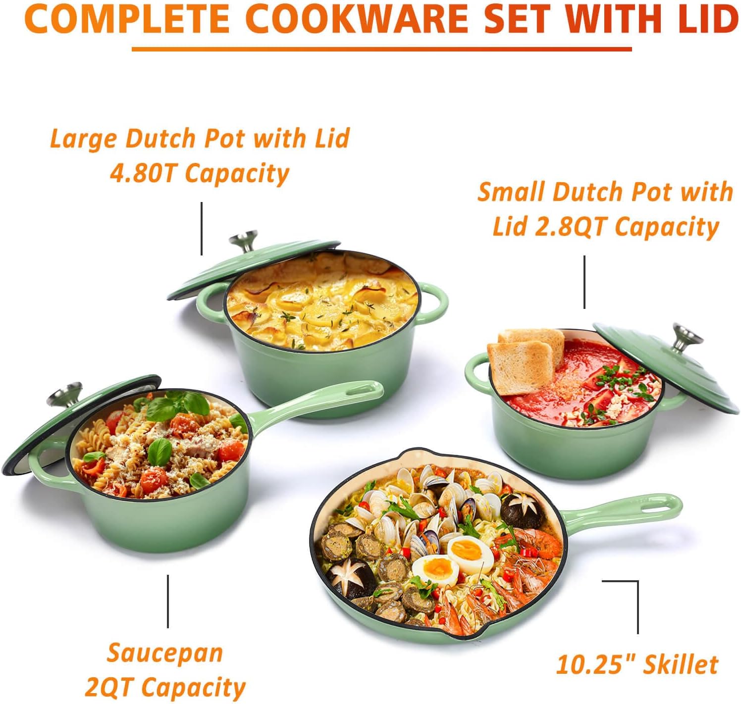 Dutch Mill Set Enameled Cast Iron Cookware Set, 7 Piece Set of Dutch Ovens, Sauce Pan ...