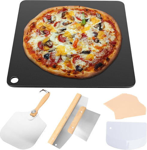 6Pcs Pizza Stone Kit for Oven and Grill, 13" Large Nano-Ceramic Iron Baking Stone with Pizza Peel, Dough Pizza Cutter and 20pcs Cooking Paper