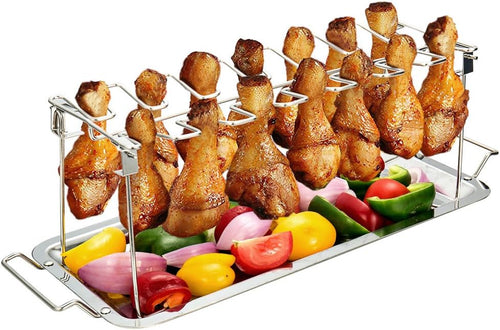 Chicken Leg Wing Rack 14 Slots Stainless Steel Metal Roaster Stand with Drip Tray for BBQ Smoker Grill or Oven, Dishwasher Safe