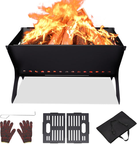 18 Inch 3-in-1 Portable Fire Pit, Camping Campfire Grill, Folding Charcoal Grills, Wood Burning Fire Pit for Outdoor Cooking, Bonfire with Carry Bag