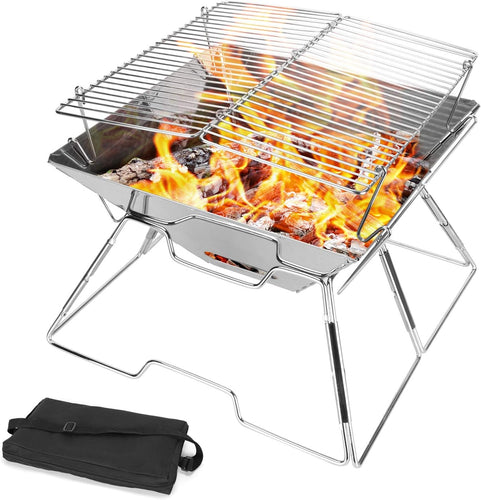 12.2x12.2x8.3in Folding Camping Fire Pit Portable Campfire Grill with Legs for Picnics, Backpacking, Outdoor with Carrying Bag and Kitchen Tongs