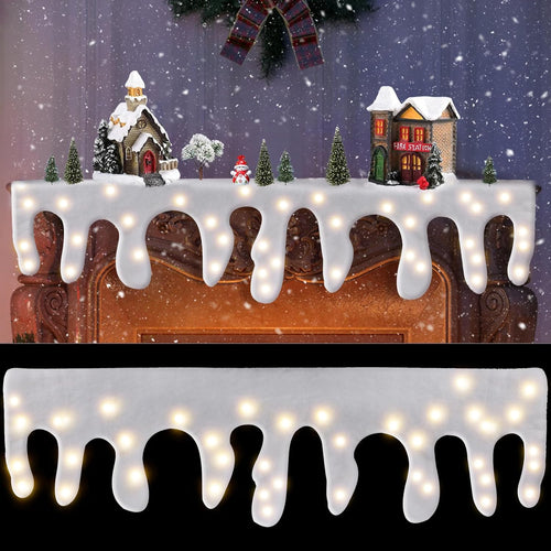 Christmas LED Fake Snow Blanket, Icicle Mantle Cover Battery Operated Artificial Snow Table Runner for Xmas Mantel Fireplace Decor, 59" x 17"