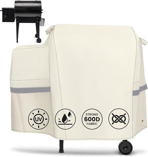 Grill Cover BAC374 for Traeger 20 Series, Junior & Tailgater 20, Elite 20 Wood Pellet Grills, Heavy Duty Waterproof Full Length Grill Cover, Beige