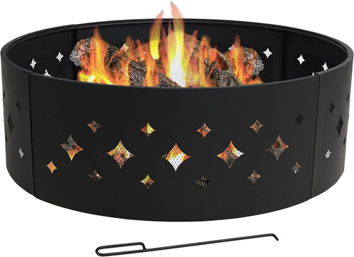 36" Diamond Cutouts Wood Burning Fire Pit Ring Wilderness Fire Ring Campfire Ring for Outdoor Wood Firepit with Fire Poker