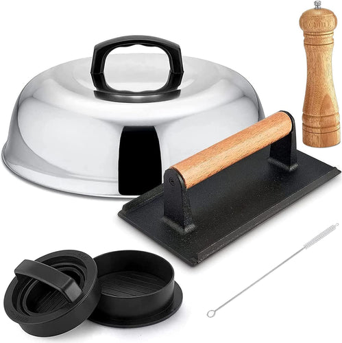 Burger Press Tool, Patty Maker, 12'' Melting Dome Wooden Salt and Pepper Grinder for Griddle Flat Top