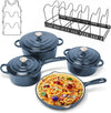 9Pcs Navy Enameled Cast Iron Cookware Set, Non Stick Pots and Pans Kit, Rack Organizer, 10.25” Skillet, 2QT Saucepan, 2.25QT/4.75QT Dutch Oven