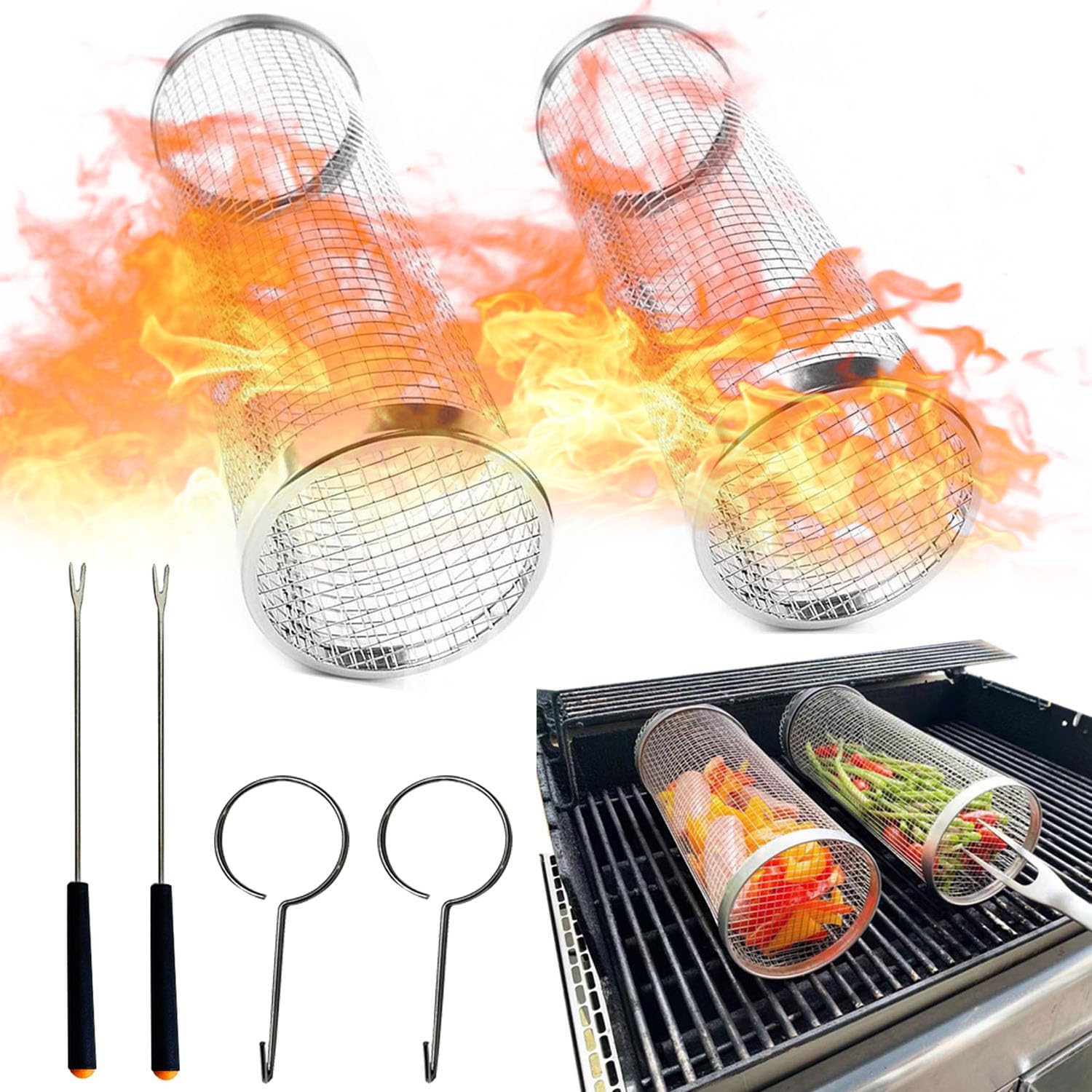 fish grilling accessories Roller Grill Basket Round BBQ Grill Mesh Grid for Chips Fish Shrimp,Versatile Round Outdoor Barbecue Cooking Accessories