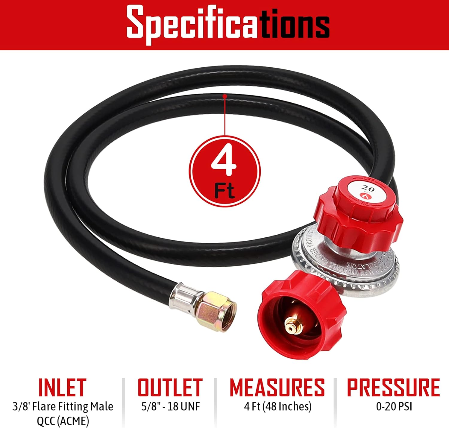 WADEO 4FT High Pressure Propane Hose Kit With 0-20 PSI Regulator, Burner Head & Brass Fittings (3-Piece Set)