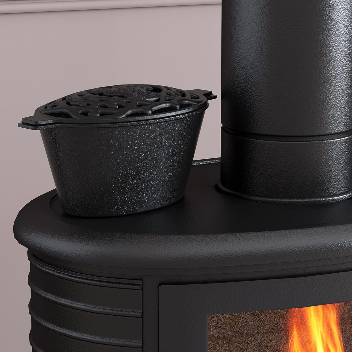 Cast Iron Wood Stove Kettle Steamer with Lattice Design - Black
