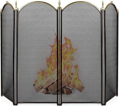 4 Panel 51.5x32 Inch Folding Fireplace Screen Ornate Wrought Iron Black Metal Fire Place Free Standing Gate Large Mesh Solid Steel Spark Guard