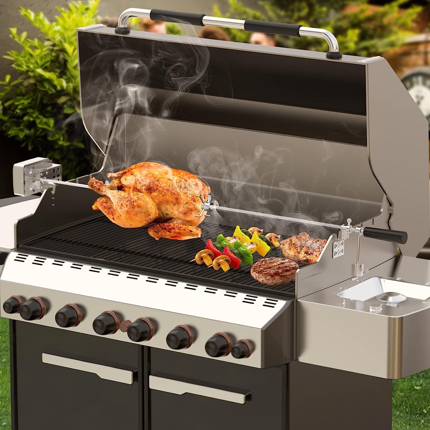 thumbnail image 2 of Deluxe Motorized Gas Grill Rotisserie Kit – Adjustable Spit Rod 32" To 42" (15785) 2 of 6