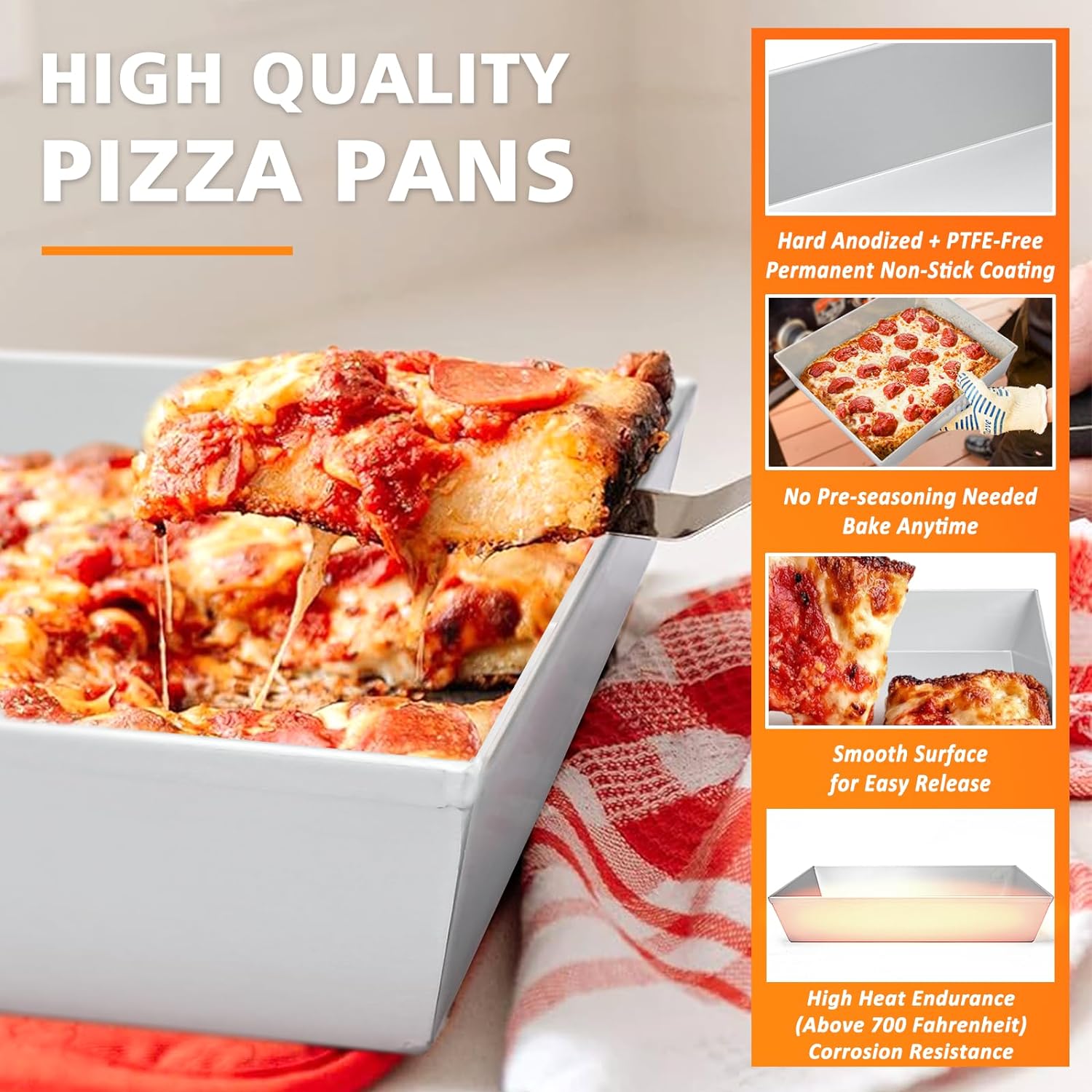 RimCereal Grandma Style Pizza Pan - 2 Pack Rectangular Carbon Steel, 13.5x9.5 Inch, Non Stick