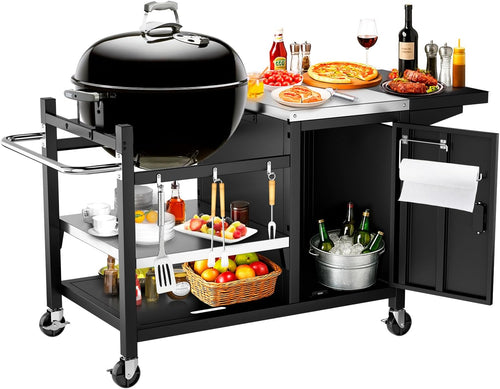 Grill Table Cart for Weber Kettle 22" Charcoal Grill, Big Green Egg, AKORN Jr, Oversized 47.7"x32.2" Surface with Adjustable Shelfs, Storage Cabinet