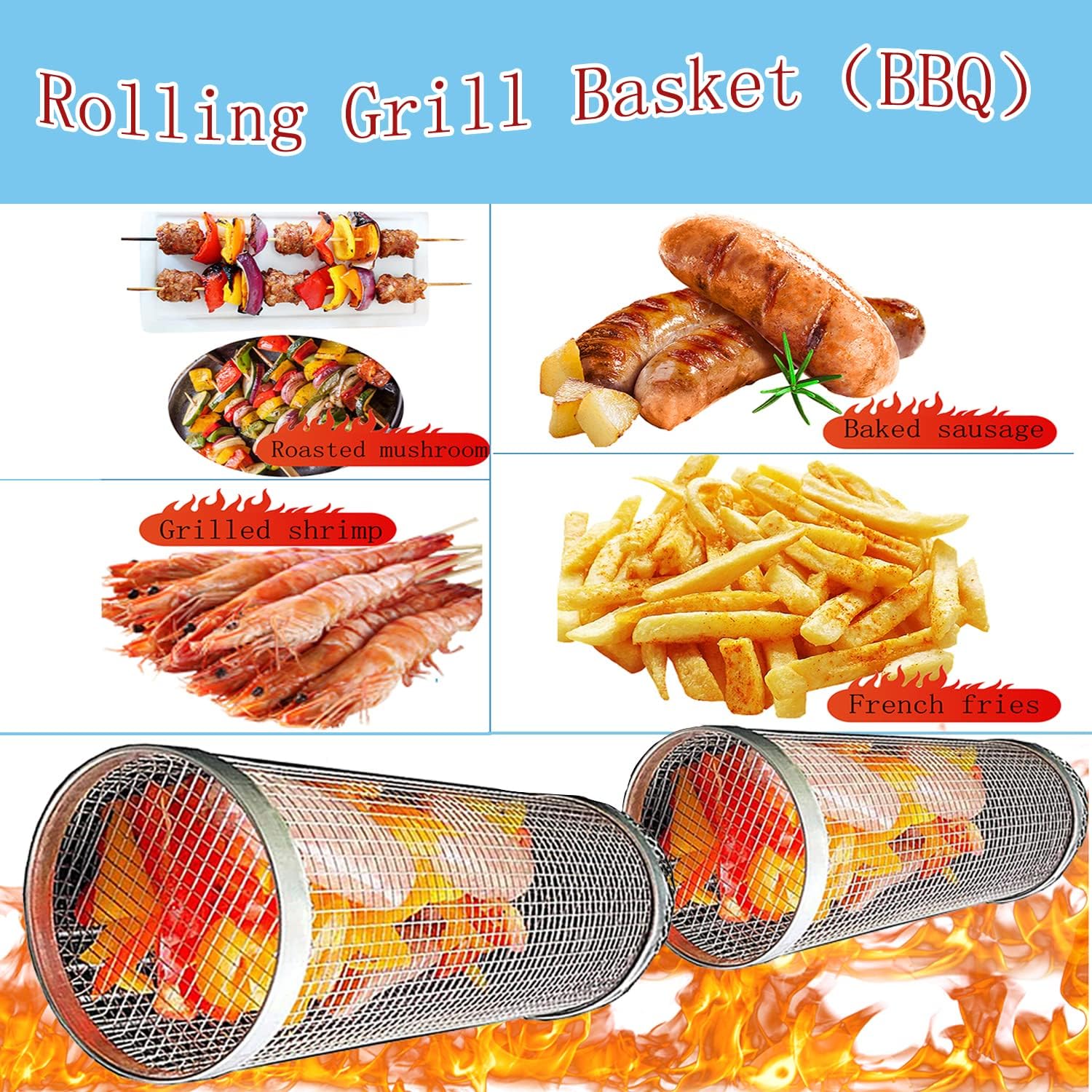 fish and chip shop accessories Roller Grill Basket Round BBQ Grill Mesh Grid for Chips Fish Shrimp,Versatile Round Outdoor Barbecue Cooking Accessories