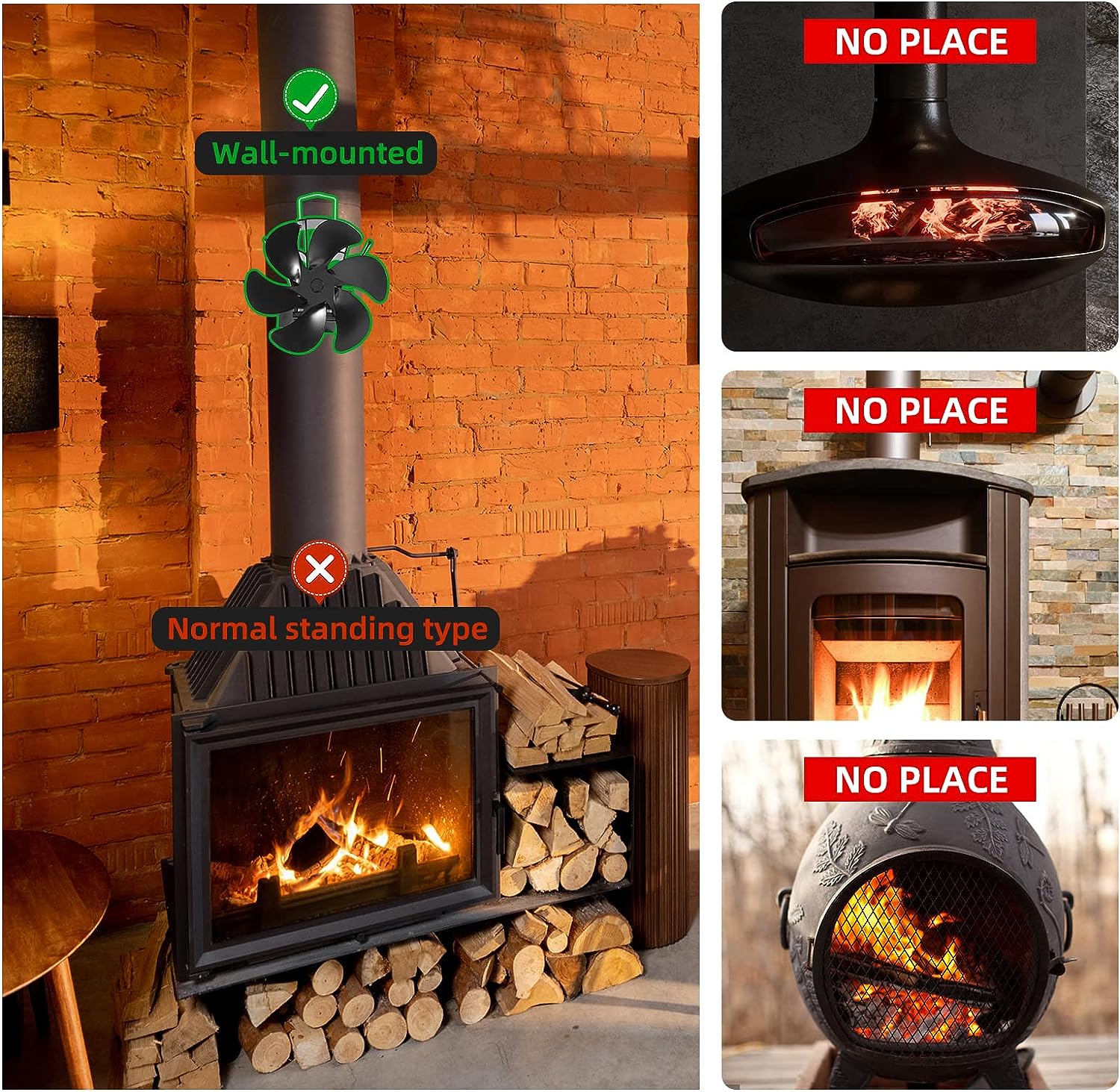 Wood Stove Pipe Fireplace Fan with Magnetic Thermometer, 6 Blades
