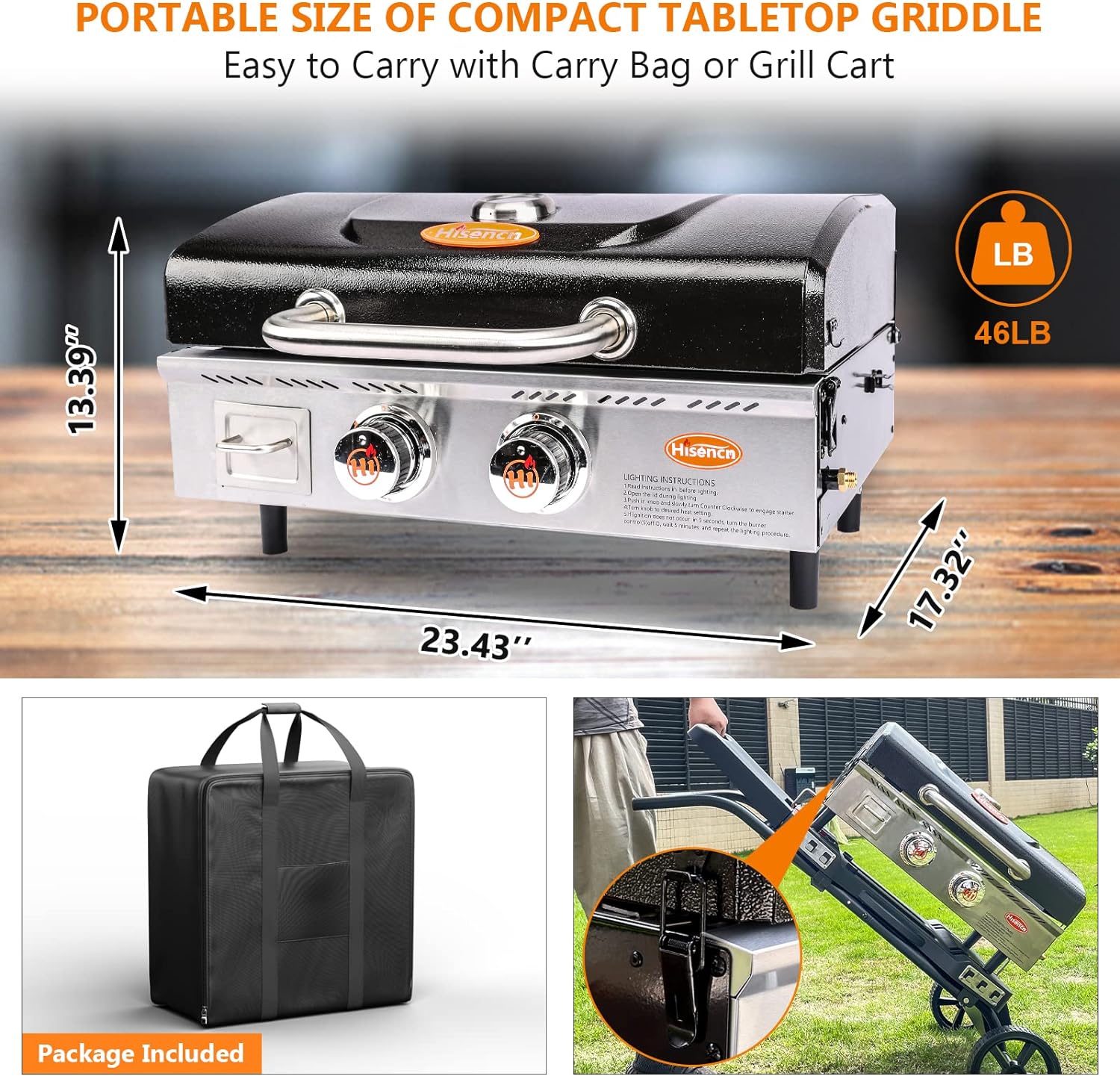 22 inch Propane 2 Burner Portable Table Top Griddle BBQ Grill with Hood for Outdoor Cooking Camping or Tailgating Etc, Kit with Carry Bag