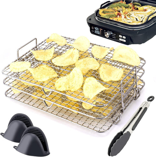 Multi-Layer Dehydrator Toast Rack for Ninja Foodi XL FG551, IG601, IG651 Air Fryers with Potholders Mitts and Kitchen Tongs