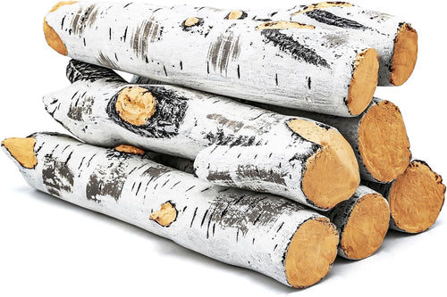 7 Pcs Fake Wood Gas Fireplace Logs, Ceramic White Birch Wood Logs for Gas Fireplace, Firebowl, Vented, Propane, Gel, Ethanol, Electric Fire Pits